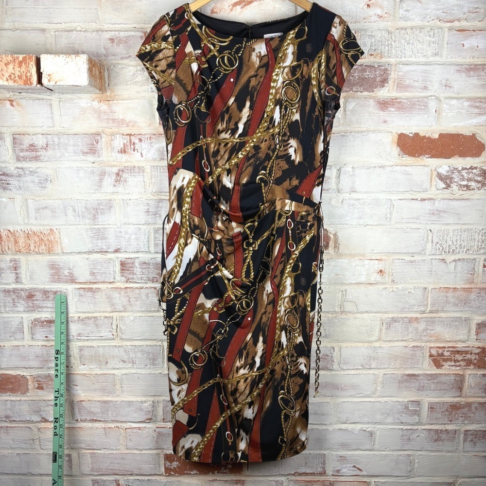 Caché Vintage Equestrian Chain Print Ruched Sheath Dress 12 Old Money Cap Sleeve